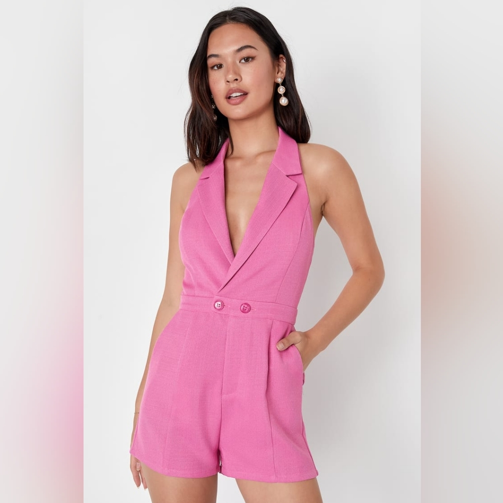Lulus boardroom pink tweed romper